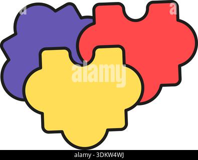 Parte di cooperazione di pezzi del puzzle collegati tra loro. Lavoro di squadra da parte degli studenti in classe. Ombreggiature futuristiche tracciate e luci vettoriali isolate sul bianco Illustrazione Vettoriale