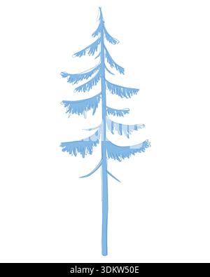 Silhouette invernale in abete rosso. Pino vettoriale su sfondo bianco. Profilo di un alto albero sempreverde per i paesaggi invernali. Disegnato a mano. Illustrazione Vettoriale