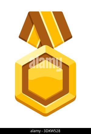 Medaglia d'oro con nastro. Premio di gioco per i vincitori. Illustrazione del premio per competizioni sportive. Illustrazione Vettoriale
