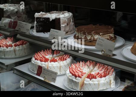 Torte giapponesi assortite e Shortcake alla fragola in una vetrina di prodotti da forno Foto Stock