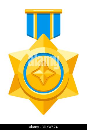 Medaglia d'oro con nastro e stella. Premio di gioco per i vincitori. Illustrazione del premio per competizioni sportive. Illustrazione Vettoriale