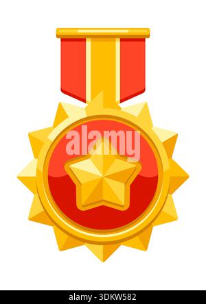 Medaglia d'oro con nastro e stella. Premio di gioco per i vincitori. Illustrazione del premio per competizioni sportive. Illustrazione Vettoriale
