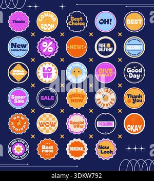 Illustrazione della confezione di adesivi rotondi e-commerce colorati Illustrazione Vettoriale