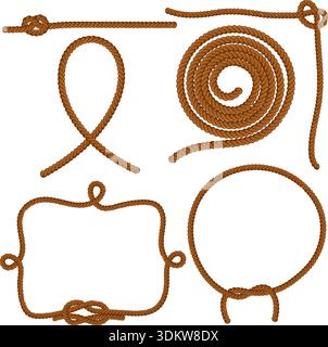 Impostare funi, nodi e telai. Vettore isolato su sfondo bianco. Illustrazione Vettoriale
