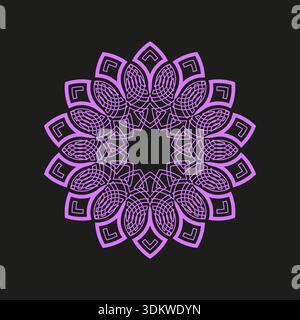 Viola intricato mandala. Vettore sfondo nero. Simbolo viola simmetrico. Ripetizione di mesh circolare complessa. EPS 10. Illustrazione Vettoriale