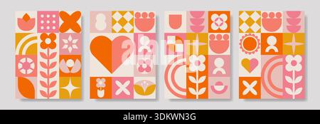 Set di moderni poster geometrici per la giornata delle donne dell'8 marzo con forme astratte e icone floreali in rosa e arancione. Modelli grafici di pareti vettoriali piatte per Illustrazione Vettoriale