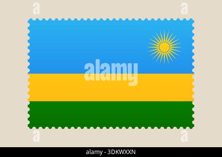 Bandiera del Ruanda illustrata come un francobollo, una grafica vettoriale pulita che rappresenta l'identità nazionale e i temi di viaggio. Illustrazione Vettoriale
