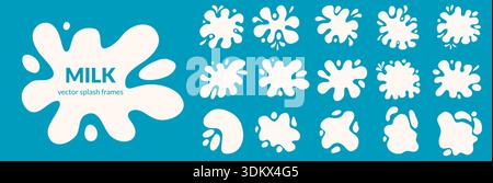 Set di spruzzi semplici e piatti. Lobi bianchi a forma di ameba con gocce. Pozzetto di latte e vernice colorazione blot per testo o arredamento. Liquido astratto organico per Illustrazione Vettoriale