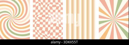Colori pastello vivaci ruota arcobaleno, linee, sfondi grafici a scacchi. La collezione Wavy Swirl Starburst e strisce di colori vintage copre la collezione. Illustrazione Vettoriale