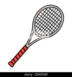 Semplice illustrazione vettoriale di una racchetta da tennis con impugnatura rossa, isolata sul bianco Illustrazione Vettoriale