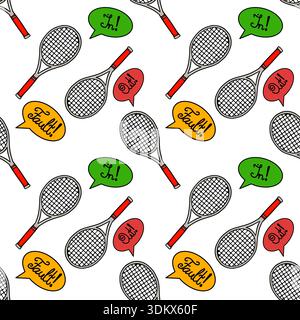 Motivo vettoriale senza cuciture di racchette da tennis e bolle vocali con "in!" E "colpa!" testo Illustrazione Vettoriale