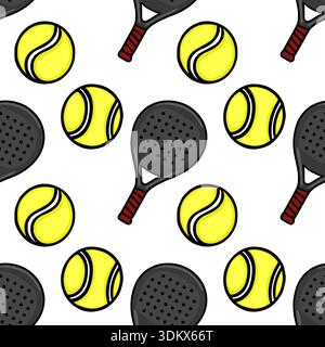 Motivo vettoriale senza cuciture di racchette e palle da tennis del padel, divertenti illustrazioni sportive Illustrazione Vettoriale