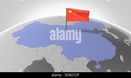 Cina - confine e bandiera del paese - illustrazione 3D. Foto Stock