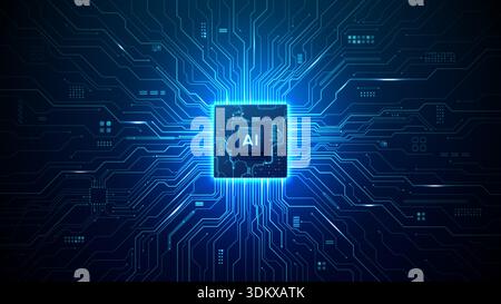 Design futuristico a microprocessore con simbolo dell'intelligenza artificiale su scheda a circuito integrato con percorsi luminosi e tecnologia digitale ele Illustrazione Vettoriale