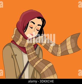 Donna che indossa Hijab con accessori autunnali. Elegante sciarpa da donna che sfoggia la moda urbana di stagione Illustrazione Vettoriale