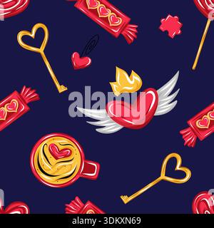 Motivo San Valentino senza cuciture con cuori alati, chiavi dorate, caramelle e tazza di caffè. Vettore. Illustrazione Vettoriale