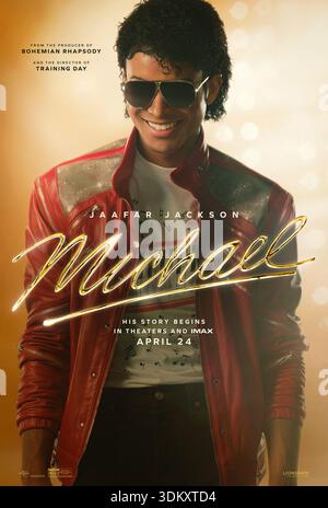 Michael (2026) diretto da Antoine Fuqua e interpretato da Jaafar Jackson, Colman Domingo e Nia Long. Il film ripercorre il viaggio di Michael Jackson da bambino prodigio che porta Jackson 5 a una superstar globale guidata da ambizione creativa e performance iconiche. USA SOLO PER USO EDITORIALE DI un foglio di poster. Credito: BFA / Lionsgate Foto Stock