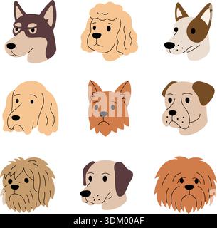 Collezione di cani cartoni animati. Set di icone piatte con diverse razze per bambini, animali domestici e design divertente Illustrazione Vettoriale