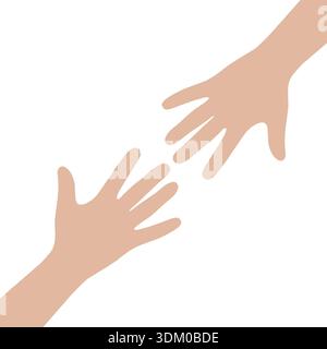 Figura due mani di braccia che si avvicinano l'una all'altra. Mano d'aiuto. Primo piano della parte anatomica. Design piatto. Love Soul Gift Concept sfondo bianco. Illustrazione Vettoriale