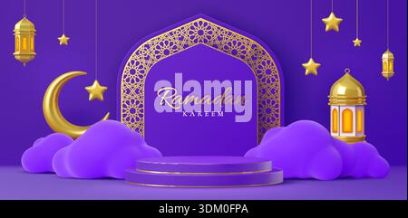 Ramadan Kareem podio 3d background, vettoriale islam Eid Mubarak. Realistico palco, piedistallo o scena viola con lanterne d'oro Ramadan Kareem, religione musulmana, luna crescente e stelle Illustrazione Vettoriale