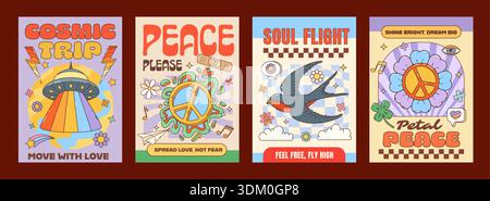 Poster dei personaggi hippie retrò vintage con segno di pace e arcobaleni, vettore dei cartoni animati. Poster dei personaggi hippie di Y2K con trippy daisy Flower, rondine e UFO spaziale, occhi e cuori Illustrazione Vettoriale