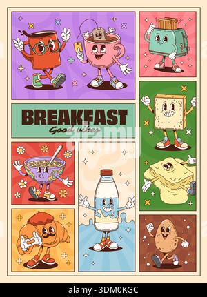 La colazione è funky e i personaggi sono pieni di collage. Il cibo mattutino hippie sorridente di un vettore cartoni animati si presenta come tazza da caffè, tazza da tè, pane tostato, cereali e latte, burro, croissant e piatti funky retrò all'uovo di y2k Illustrazione Vettoriale