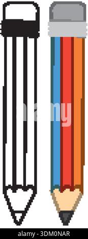 Semplice illustrazione vettoriale di due matite affiancate negli stili di contorno e di colore piatto Illustrazione Vettoriale