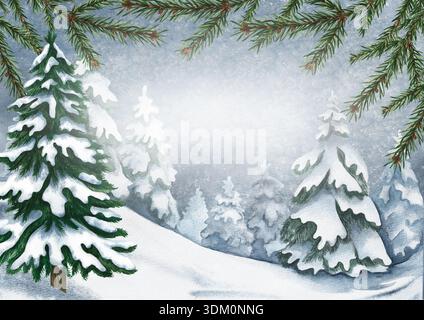 Cartolina con foto di una foresta di conifere invernali. Illustrazione ad acquerello disegnata a mano di un paesaggio invernale innevato. Elemento di design per le feste Foto Stock
