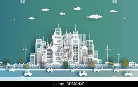 Città moderna e economica, pulita sullo sfondo del grattacielo del centro, edificio ecologico con vista panoramica futuristica dello skyline, illustrazione vettoriale in rete Illustrazione Vettoriale