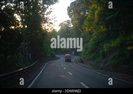 Bella collina con traffico minimo, una macchina rossa su strada circondata da alberi e vegetazione Foto Stock