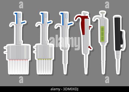 Illustrazione sul tema grande kit pipetta medica diversa, contagocce per laboratorio. Contagocce modello costituito da molte pipette mediche da laboratorio sul retro Illustrazione Vettoriale