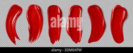 Realistici campioni cosmetici rossetto rosso, trucco vettoriale e prodotti di bellezza. rossetto 3d e spazzola lucidalabbra con texture crema. Campioni di trucco con labbra rosse opache impostati su sfondo trasparente Illustrazione Vettoriale