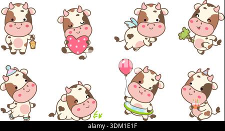 Mucche divertenti. Carino kawaii che pattina, abbraccia il cuore, dorme sul prato. Adorabili mascotte per bambini, adesivi con gli animali, grafica originale della clipart vettoriale Illustrazione Vettoriale