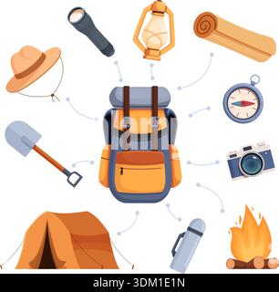 Per fare un'escursione. Articoli e attrezzature per campeggio, escursioni nella natura. Poster informativo con zaino, tappetino, torcia, pala, tenda, fuoco, bussola, fotocamera sapid vector concept grafica originale Illustrazione Vettoriale