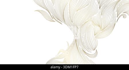 Elegante motivo ondulato con linea dorata, sfondo bianco, curve ondulate astratte, design fluido. Illustrazione vettoriale di lusso, ornamento giapponese, moderno Illustrazione Vettoriale