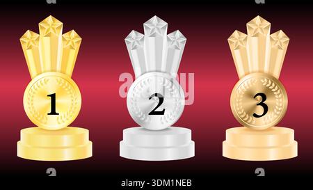 Tre distintivi trofei premio che rappresentano il primo, il secondo e il terzo posto Illustrazione Vettoriale