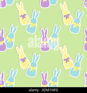 Coniglietti di Pasqua, motivo luminoso e allegro con adesivi di coniglietti con archi su sfondo verde brillante. Illustrazione vettoriale Illustrazione Vettoriale