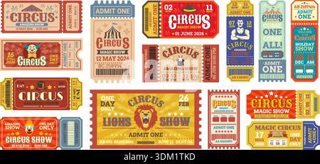 Biglietti per il circo. Biglietto per il carnevale modello di design retrò, biglietto d'ingresso alla fiera d'epoca, buono cartaceo per lo spettacolo di cabaret, buono per la festa, certificato per l'illustrazione vettoriale, opera d'arte originale Illustrazione Vettoriale