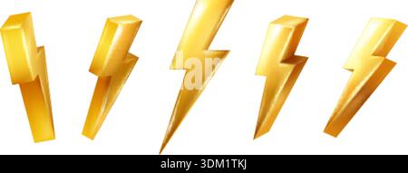 fulmine dorate 3d. Figura Gold thunderbolt, icona realistica carica di energia della batteria forma astratta alimentazione elettrica tensione segno flash, illustrazione vettoriale esatta isolata grafica originale Illustrazione Vettoriale