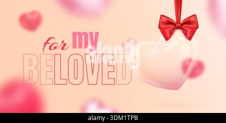 banner palloncino cuore 3d. Palloncini realistici in vetro trasparente con fiocco a nastro rosso, amore per l'amato poster per il giorno delle mamme di san valentino, illustrazione romantica del vettore di nozze, grafica originale Illustrazione Vettoriale
