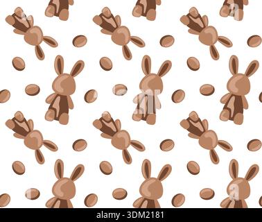 Motivo senza cuciture con conigli di cartoni animati marroni e uova di Pasqua su sfondo bianco Illustrazione Vettoriale