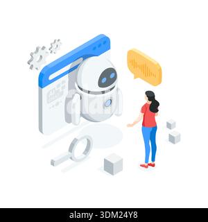 Donna vettoriale isometrica che parla con il robot nella finestra del programma, a colori su sfondo bianco, intelligenza artificiale, assistente virtuale o chat ai Illustrazione Vettoriale