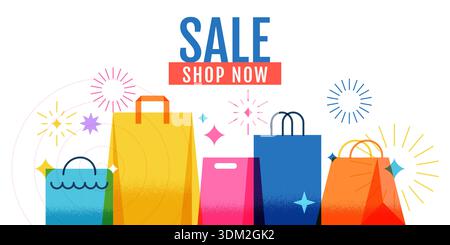 Borse colorate per lo shopping e fuochi d'artificio su sfondo bianco. Illustrazione piatta geometrica vettoriale. Banner di vendita, poster, buono sconto, volantini promozionali Illustrazione Vettoriale