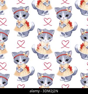 Un motivo senza cuciture di simpatici gattini grigi in abiti con fiocchi e cuori. Acquerello morbido, disegnato a mano in uno stile infantile. Foto Stock