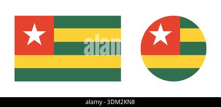 Piatto di cerchio Togo, set di badge rettangolari. Bandiera Togo rotonda, bottone rettangolare, banner, raccolta di icone. Simbolo nazionale circolare della bandiera del Togo. Illustrazione Vettoriale