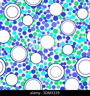 Ampi cerchi bianchi su sfondo colorato e luminoso. Ripetizione uniforme geometrica casuale di cerchi diversi. Sfondo astratto dai colori del mare tropicale Illustrazione Vettoriale