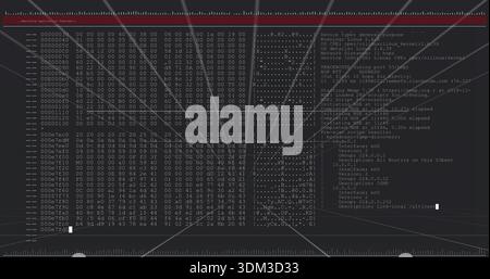 Visualizzazione della console a due riquadri che mostra il dump esadecimale e l'output della scansione di rete sul monitor, cursore lampeggiante Foto Stock