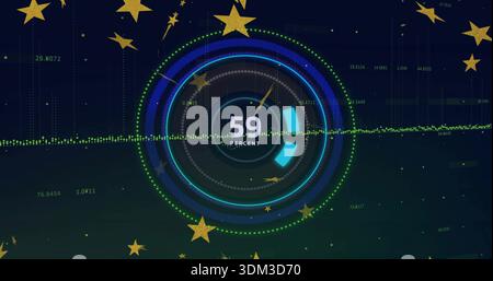 HUD circolare centrale a impulsi che visualizza il 59% sul cruscotto digitale, con cunei al neon Foto Stock