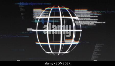 Visualizzazione del globo a reticolo stilizzato che ruota in HUD virtuale, con glitch cromatici, codice e linee di scansione Foto Stock