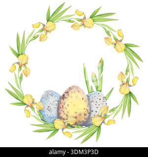 Corona di Pasqua con fiori gialli, iridi e uova, acquerello illustrazione. Bordo circolare floreale. Disegno a mano per stampa su tessuto, decorazione, wa Illustrazione Vettoriale